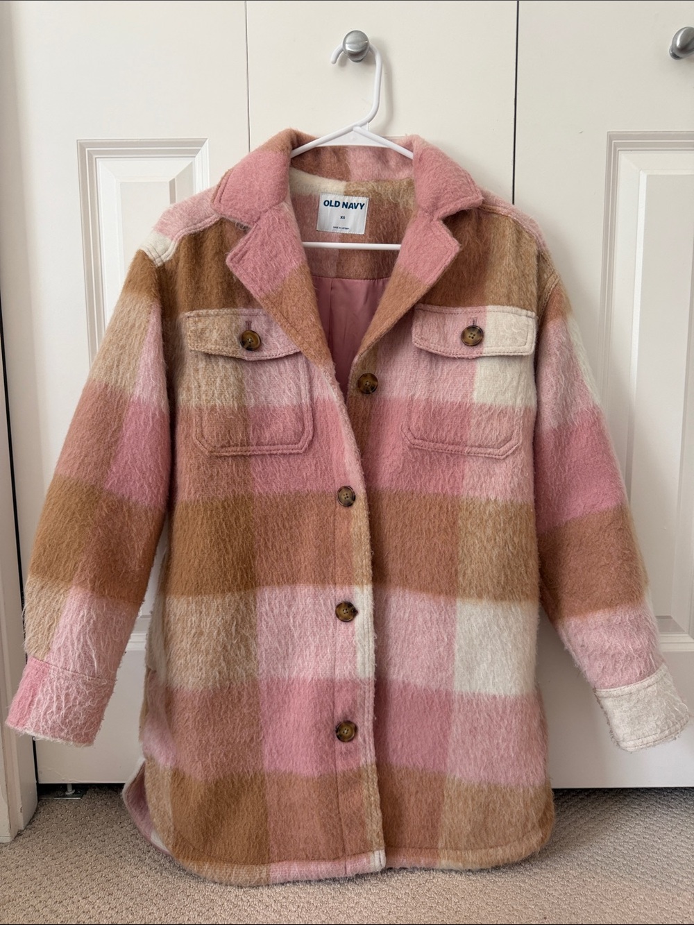 Old Navy Pink Tan Cream Plaid Shacket